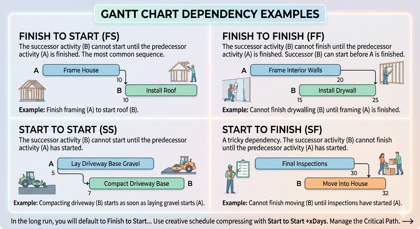 The four dependency types: Finish to Start, Finish to Finish, Start to Start, and Start to Finish, shown as paired activity boxes with connecting arrows